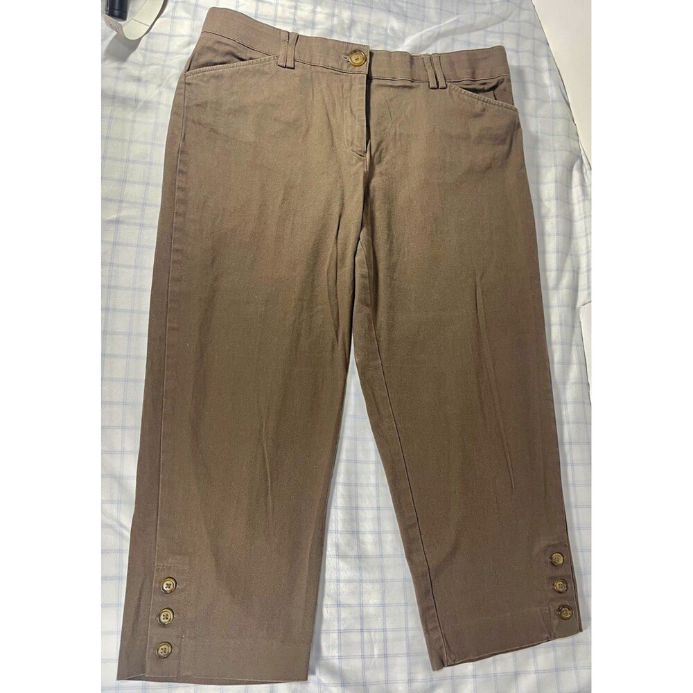 dressbarn Women's Brown Twill Capri Pants Size 12 Flat Front Straight Pockets
